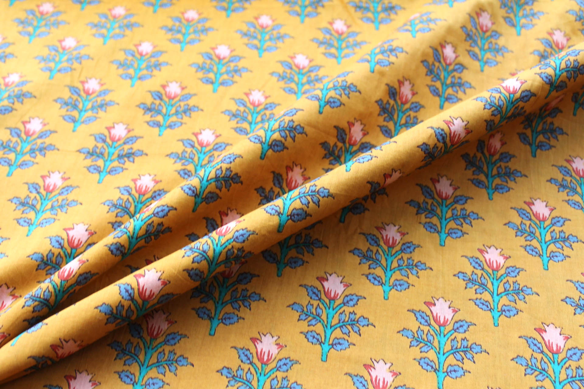 Printed Cotton Lawn - Red, Pink, Teal and Blue Floral on Saffron Yellow fabric, image 3 of 5