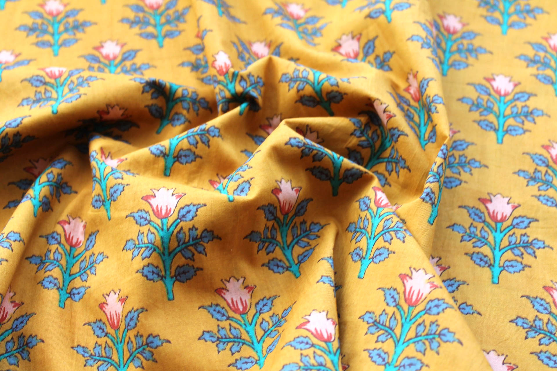 Printed Cotton Lawn - Red, Pink, Teal and Blue Floral on Saffron Yellow fabric, image 4 of 5