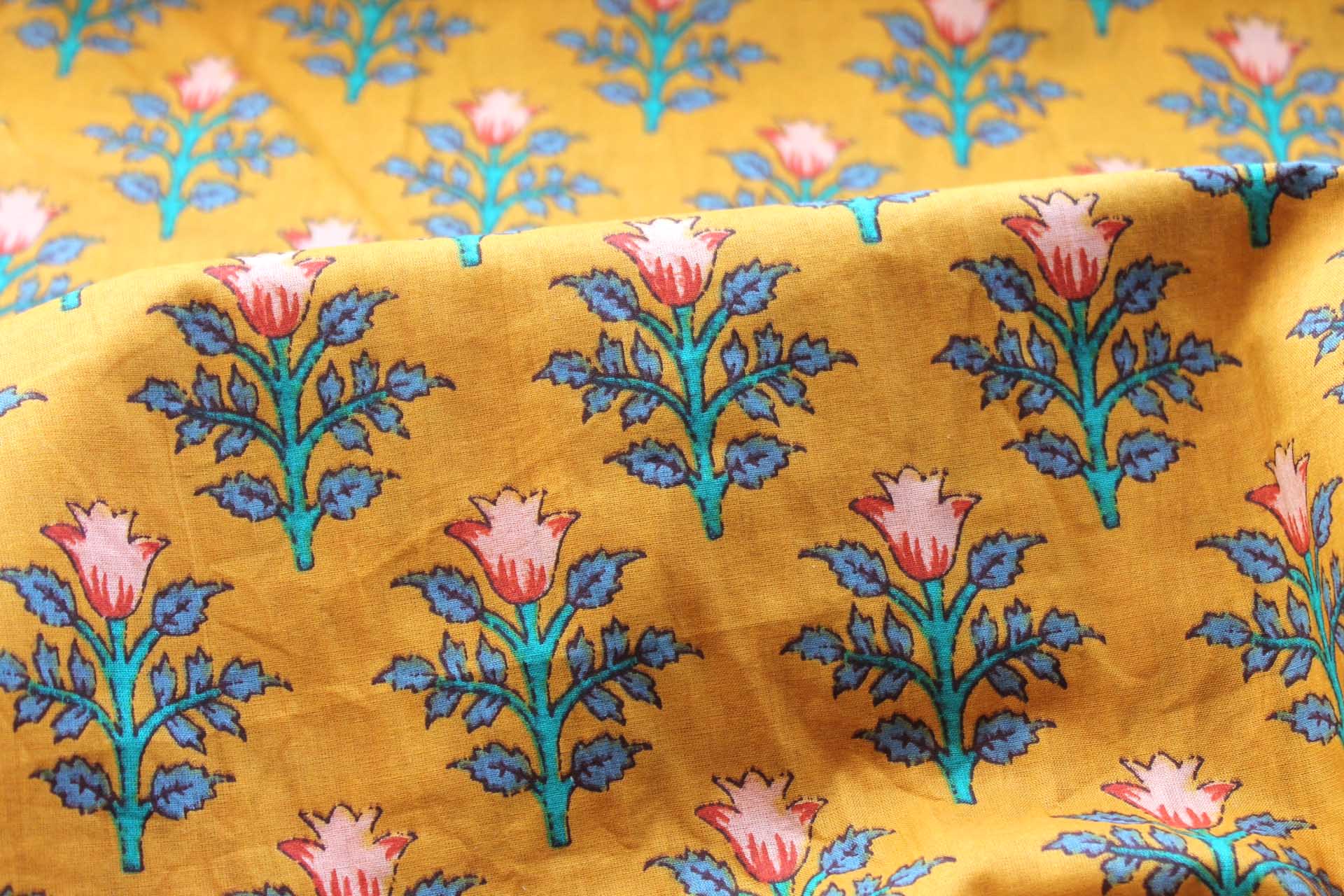 Printed Cotton Lawn - Red, Pink, Teal and Blue Floral on Saffron Yellow fabric, image 5 of 5