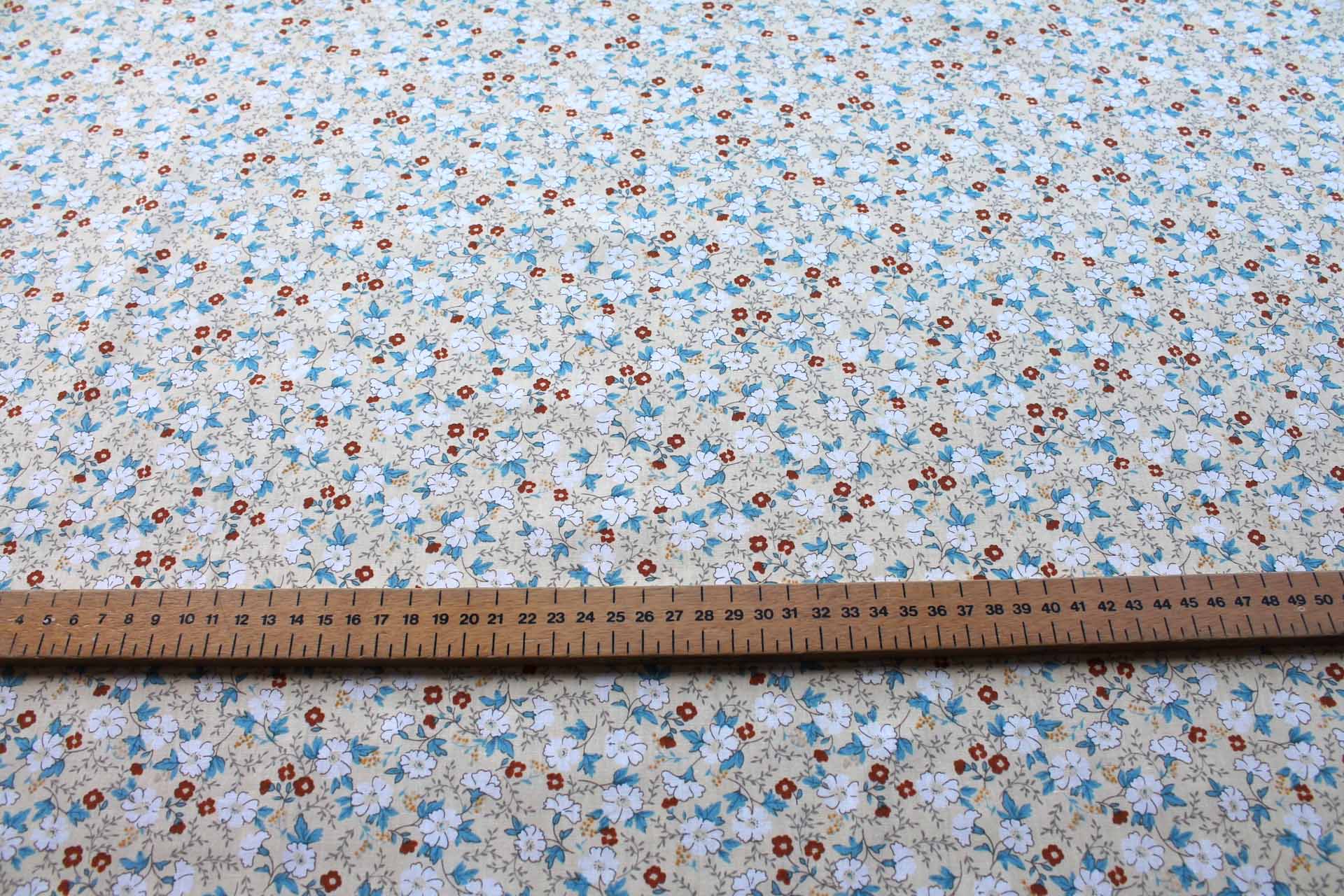 Printed Cotton Lawn - White, Tan and Blue on Pale Yellow fabric, image 2 of 5