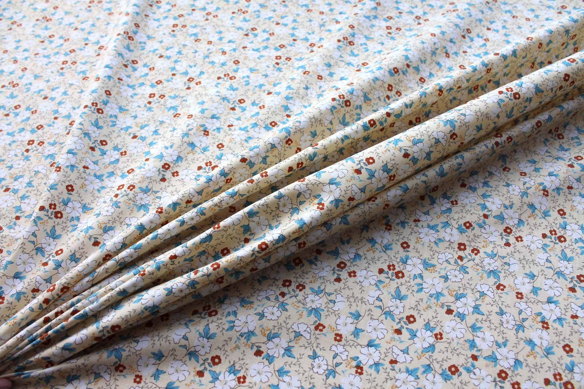 Printed Cotton Lawn - White, Tan and Blue on Pale Yellow fabric, image 3 of 5