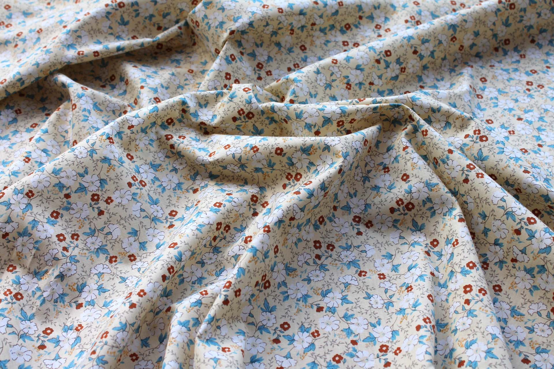 Printed Cotton Lawn - White, Tan and Blue on Pale Yellow fabric, image 4 of 5