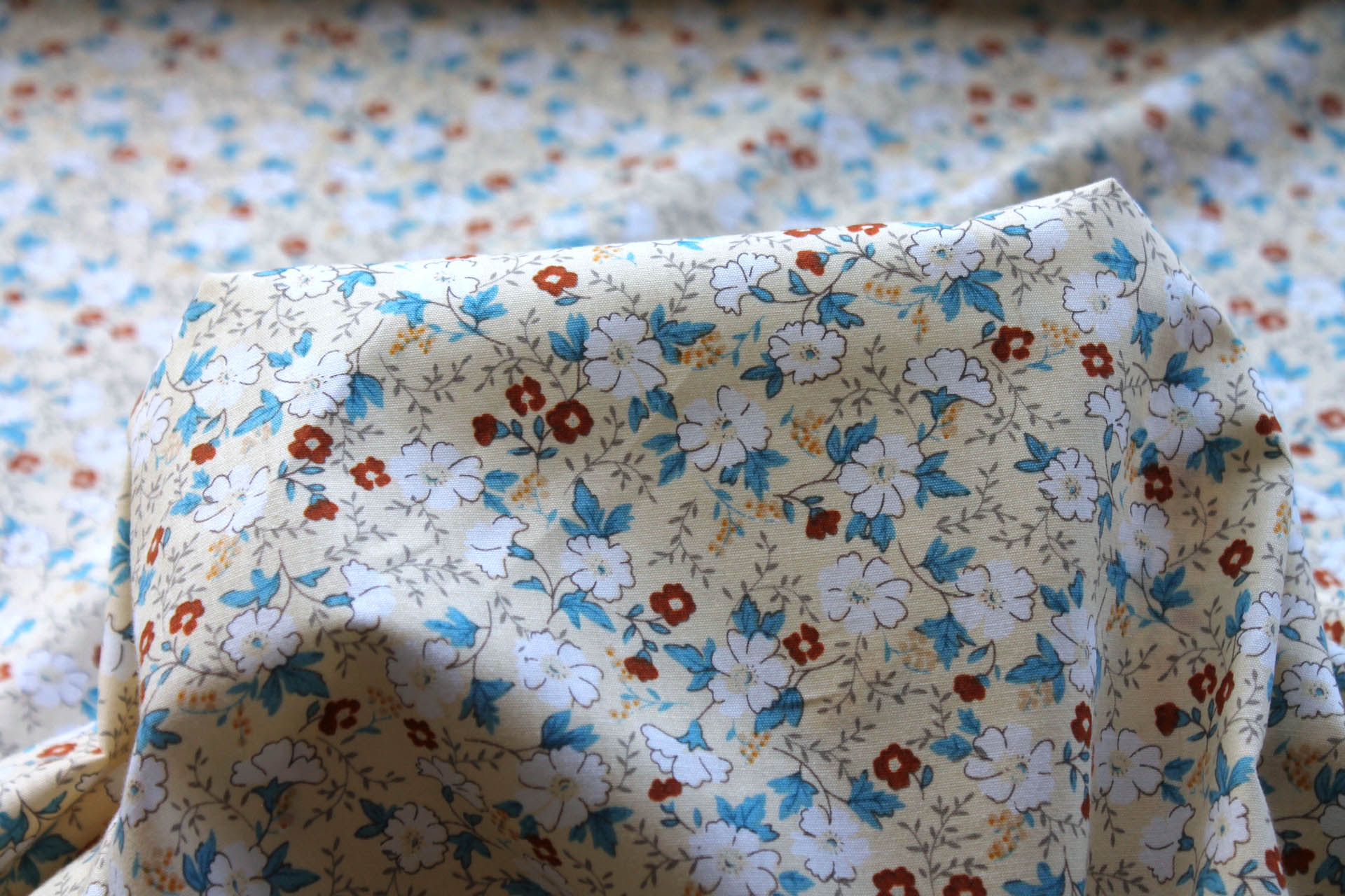 Printed Cotton Lawn - White, Tan and Blue on Pale Yellow fabric, image 5 of 5