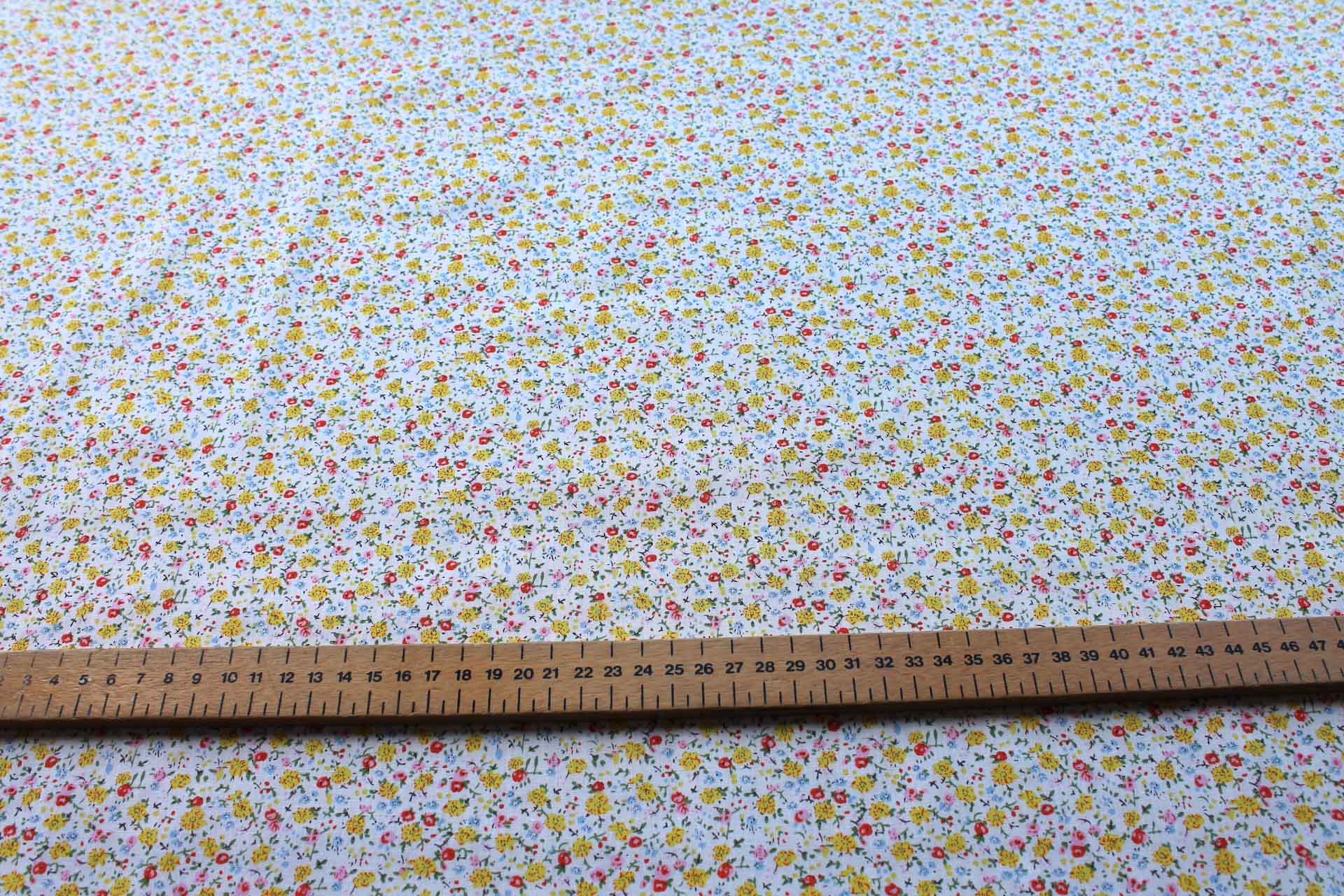 Printed Cotton Lawn - Yellow, Orange and Pale Blue on Off White fabric, image 2 of 5