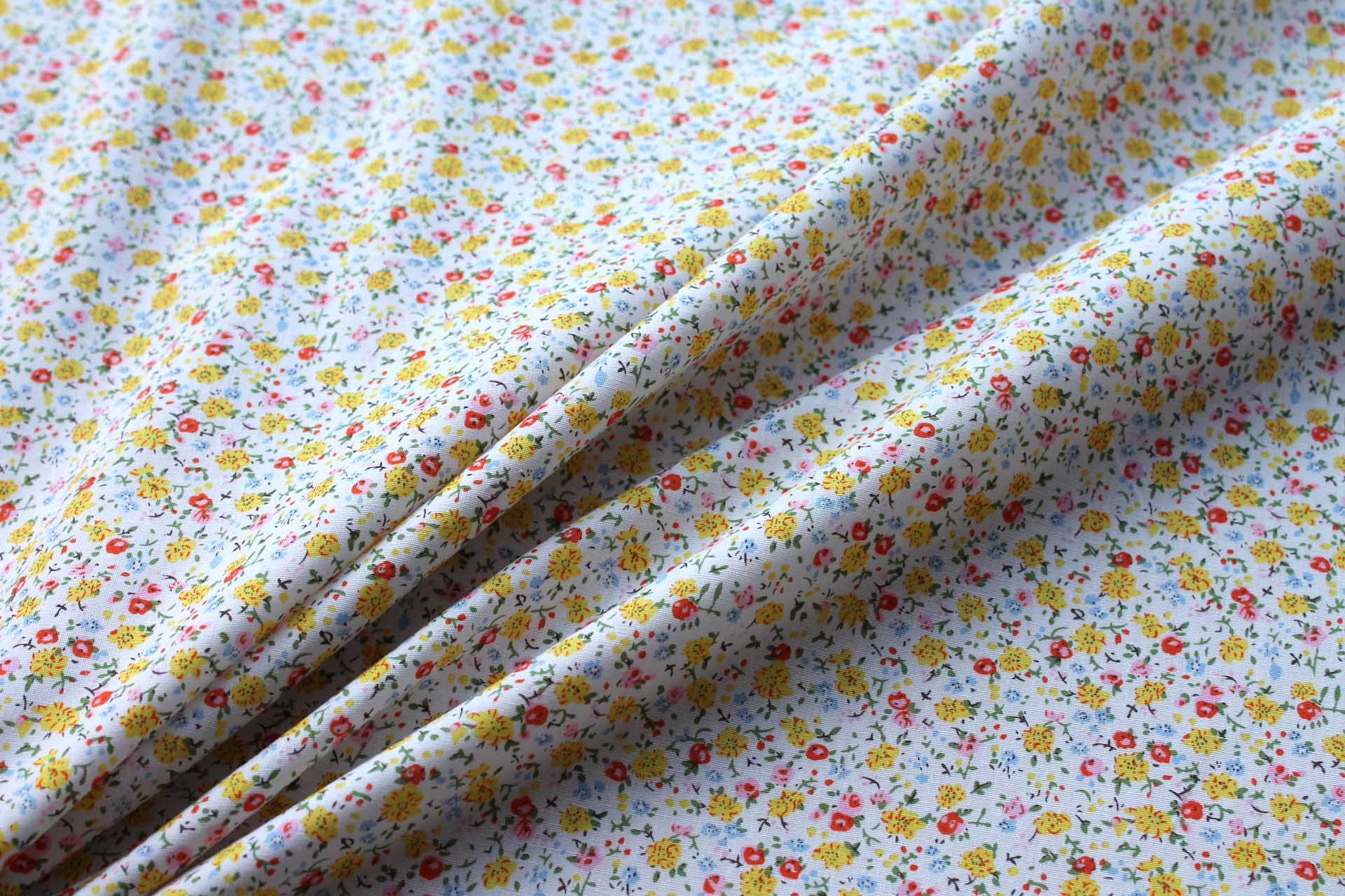 Printed Cotton Lawn - Yellow, Orange and Pale Blue on Off White fabric, image 3 of 5