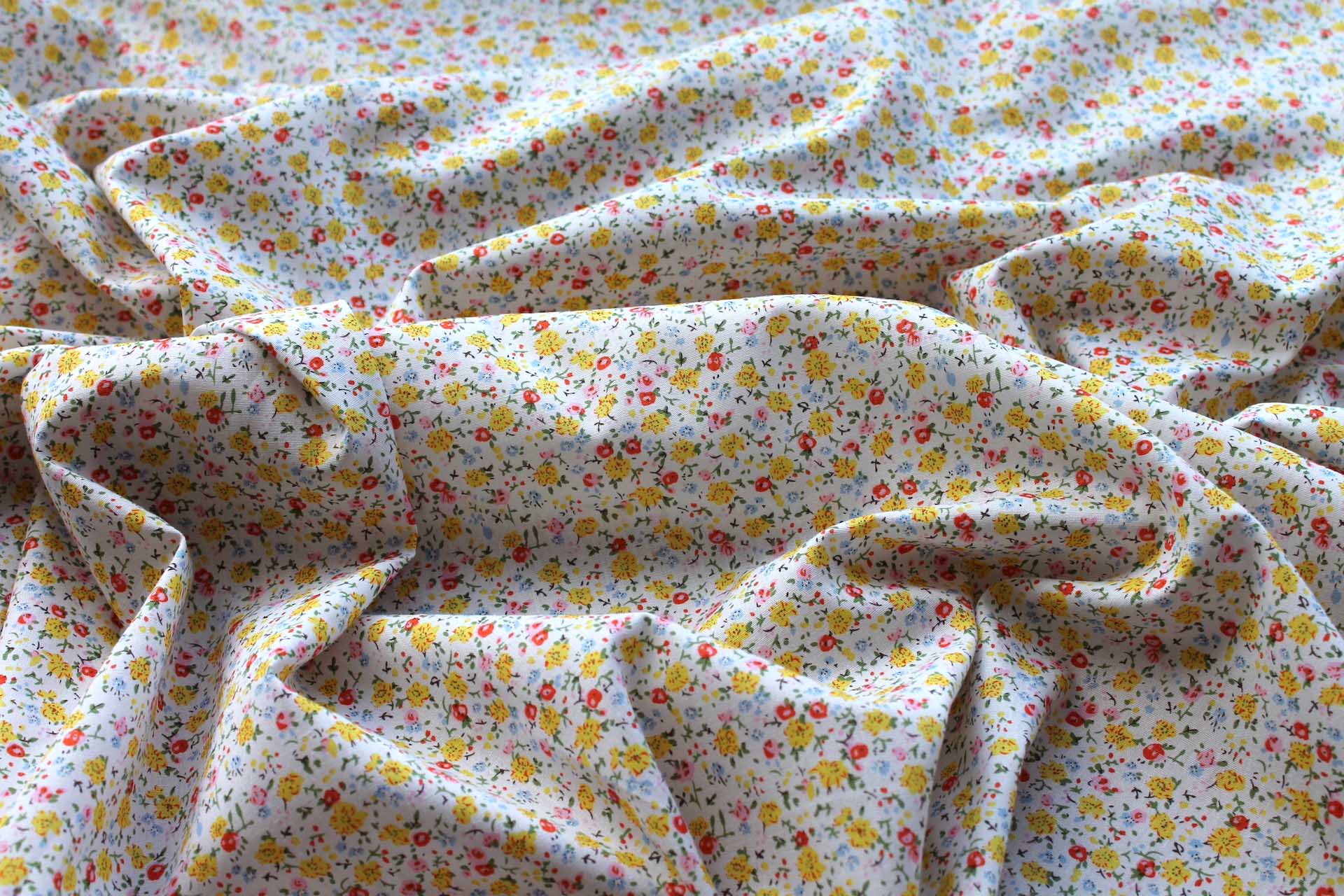 Printed Cotton Lawn - Yellow, Orange and Pale Blue on Off White fabric, image 4 of 5
