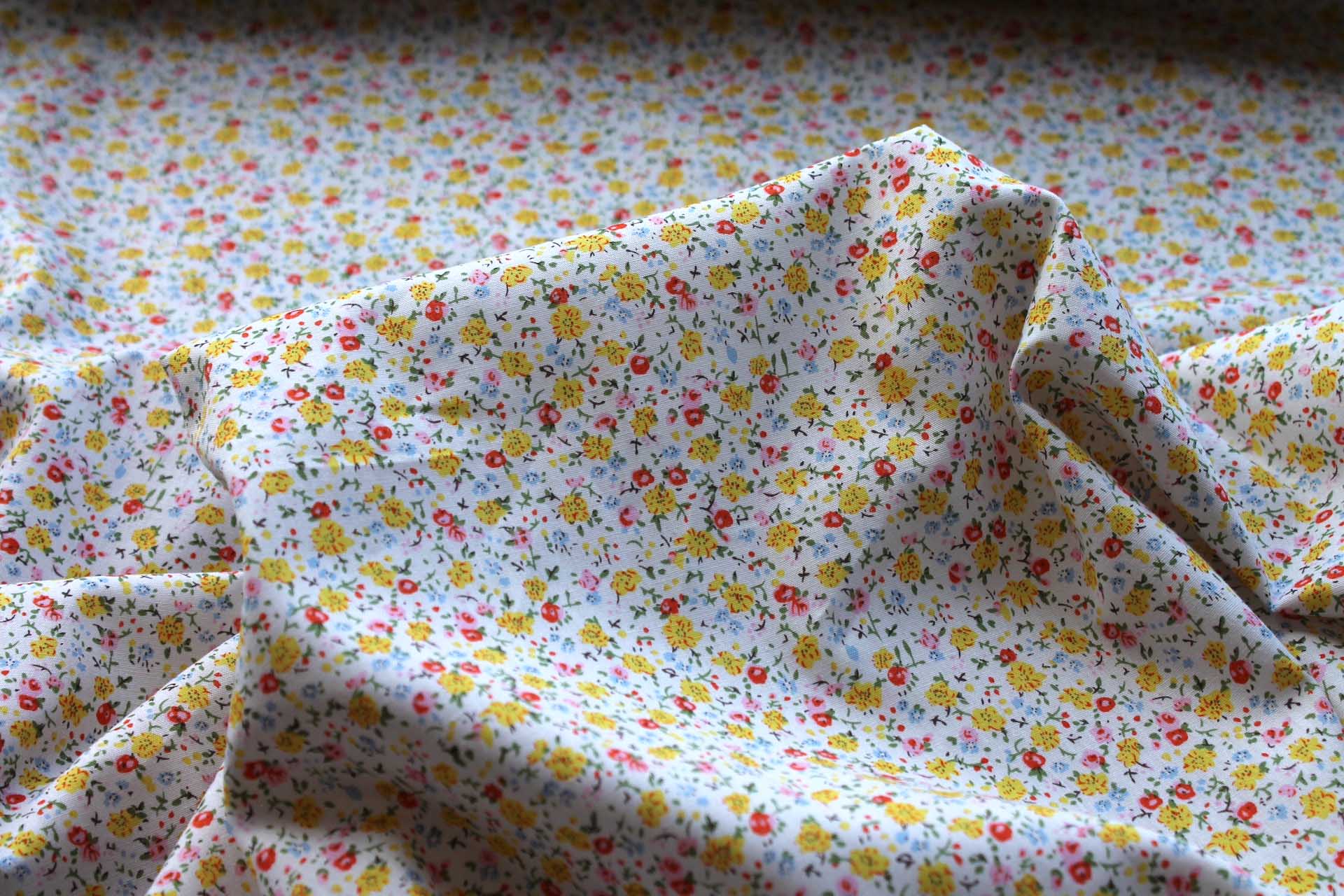 Printed Cotton Lawn - Yellow, Orange and Pale Blue on Off White fabric, image 5 of 5