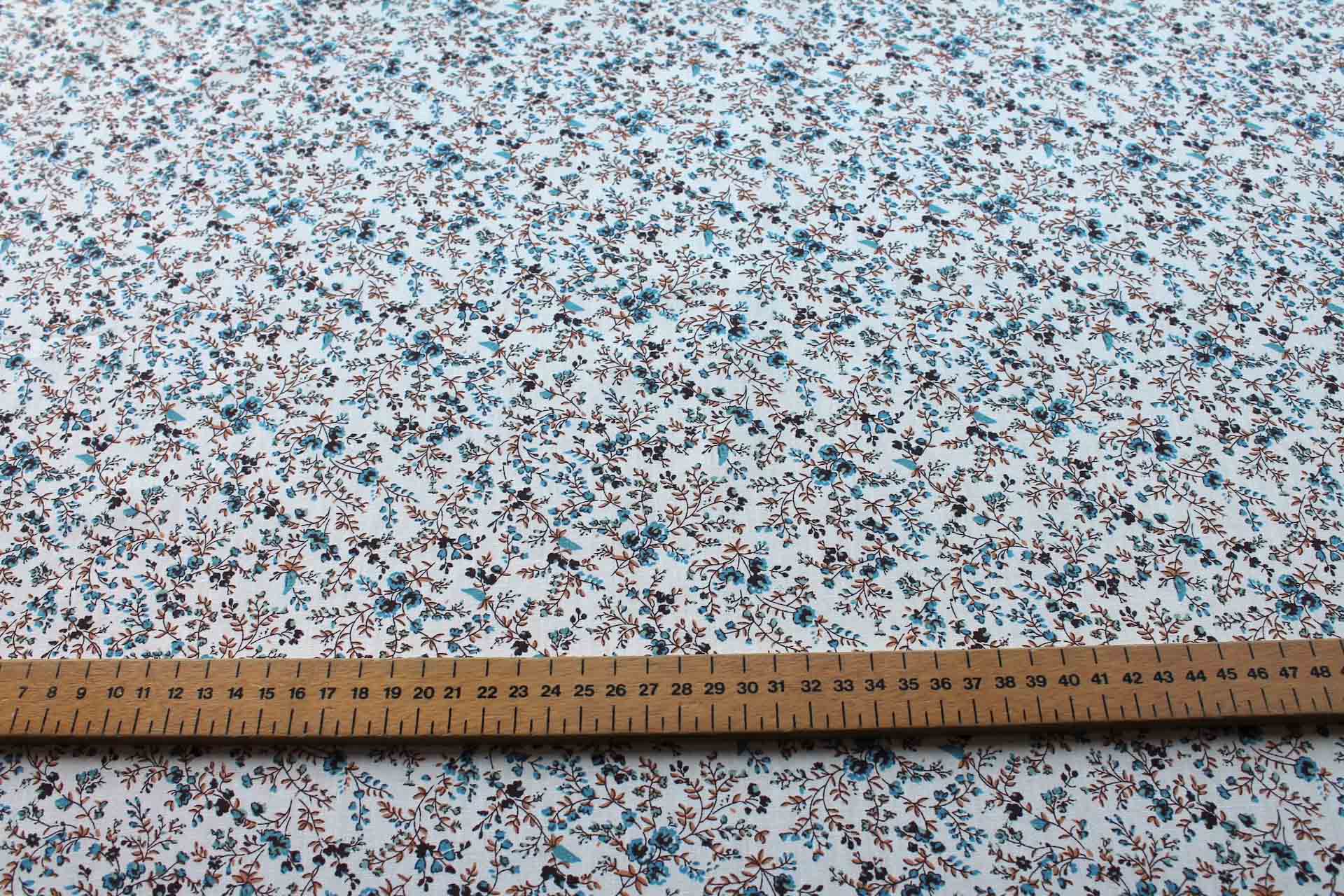 Printed Cotton Lawn - Plum, Tan and Blue on Off White fabric, image 2 of 5
