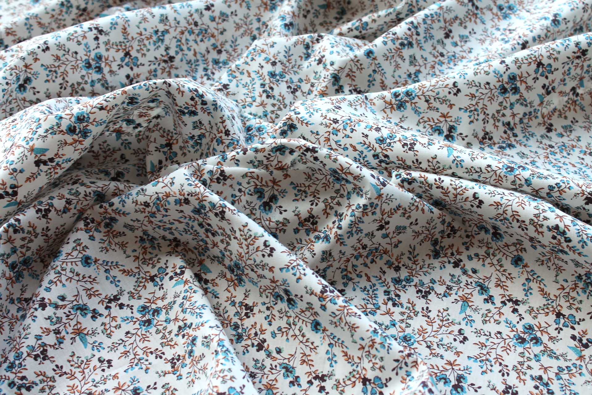 Printed Cotton Lawn - Plum, Tan and Blue on Off White fabric, image 4 of 5