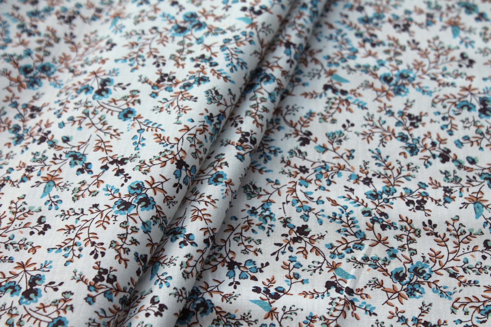 Printed Cotton Lawn - Plum, Tan and Blue on Off White fabric