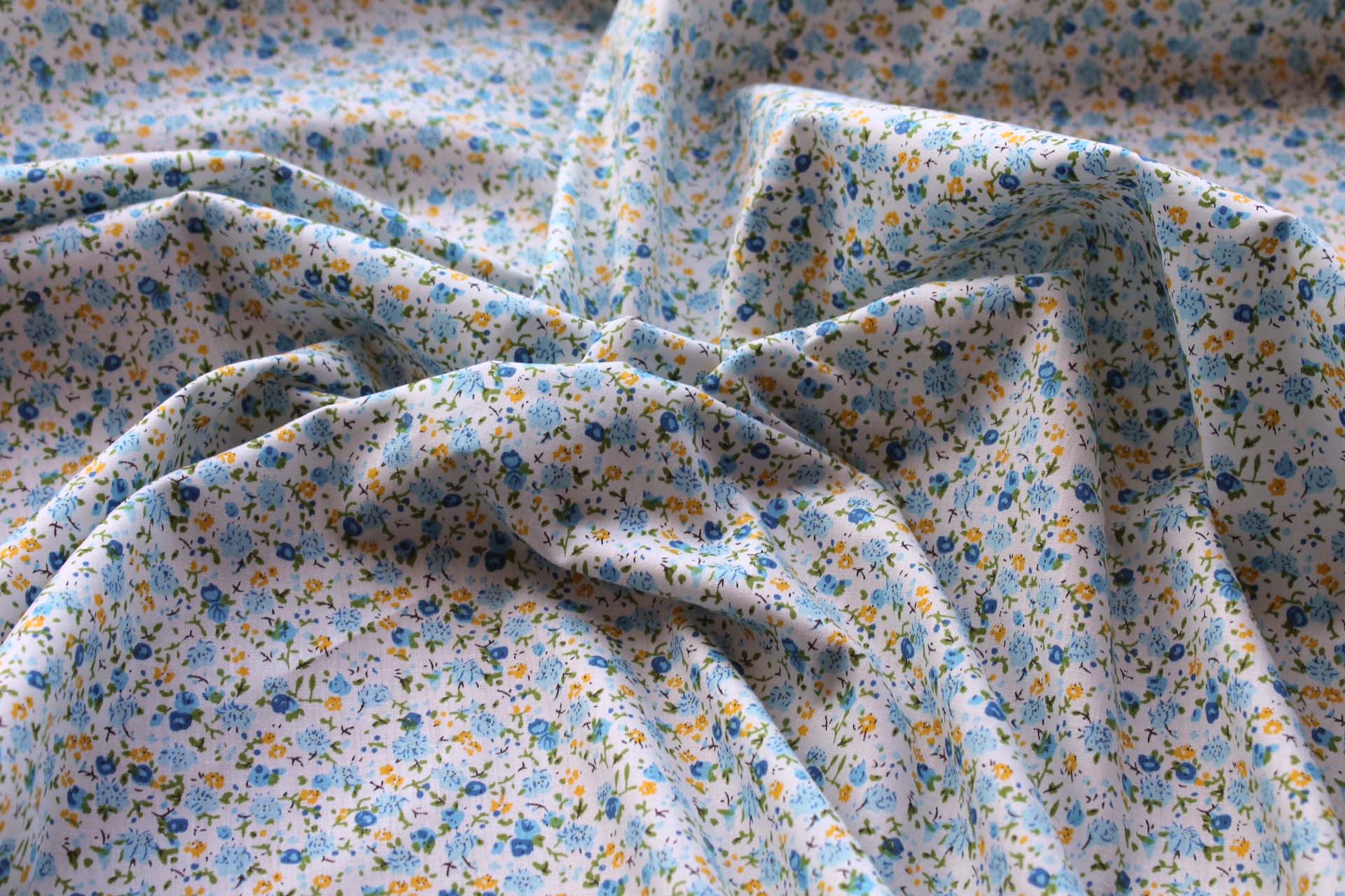 Printed Cotton Lawn - Yellow, Green, Dark and Pale Blue on Off White fabric, image 4 of 5