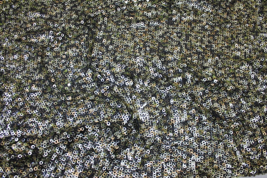 Green, Gold and Bronze Donut Sequin On Black Silk Chiffon fabric, image 3 of 8