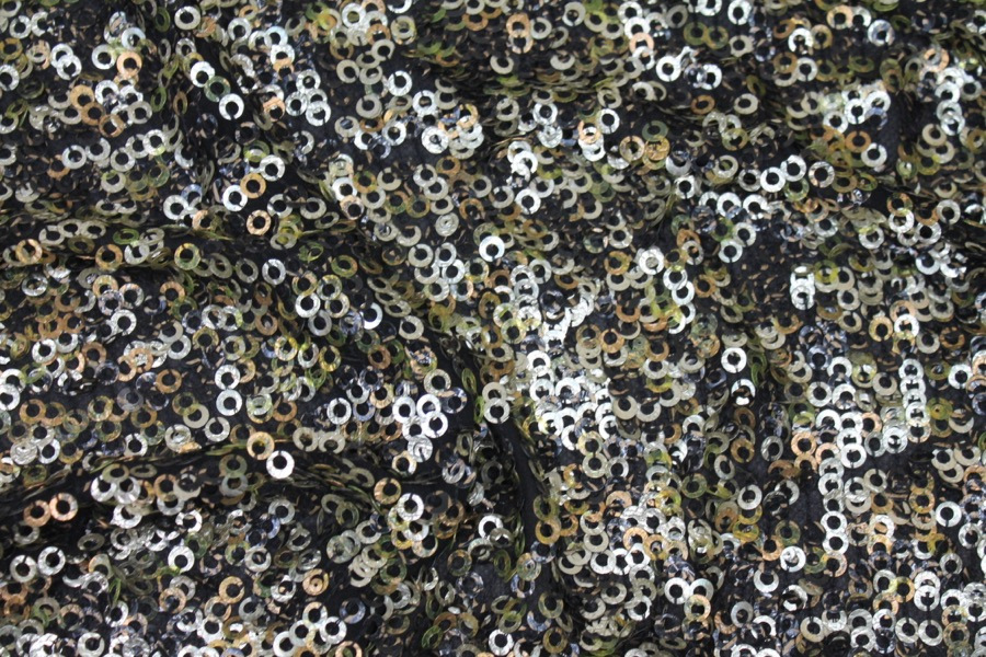Green, Gold and Bronze Donut Sequin On Black Silk Chiffon fabric, image 2 of 8
