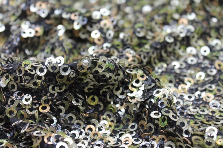 Green, Gold and Bronze Donut Sequin On Black Silk Chiffon fabric