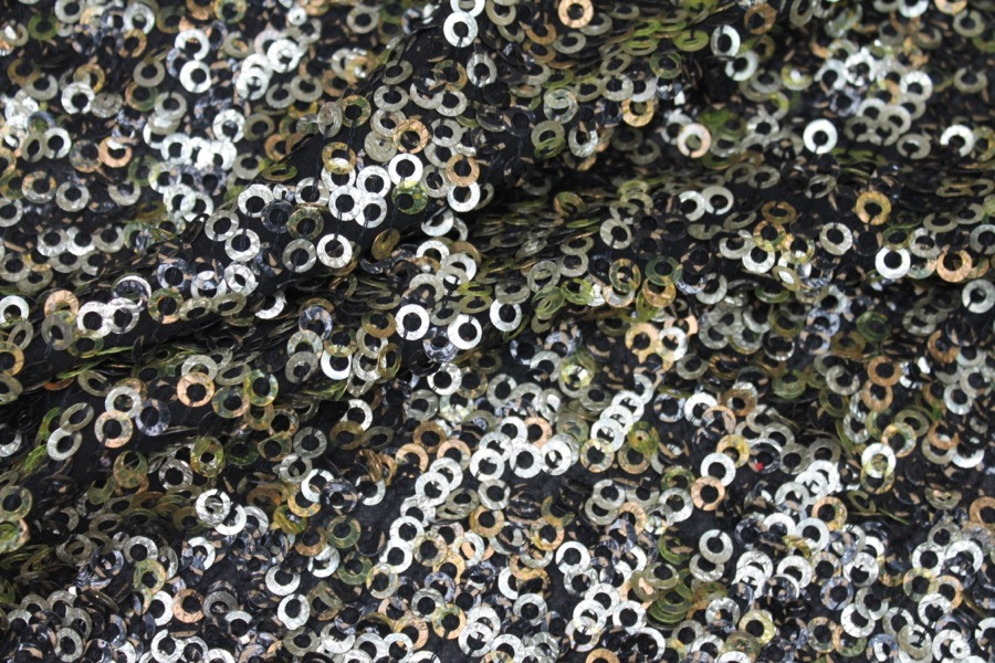 Green, Gold and Bronze Donut Sequin On Black Silk Chiffon fabric, image 4 of 8