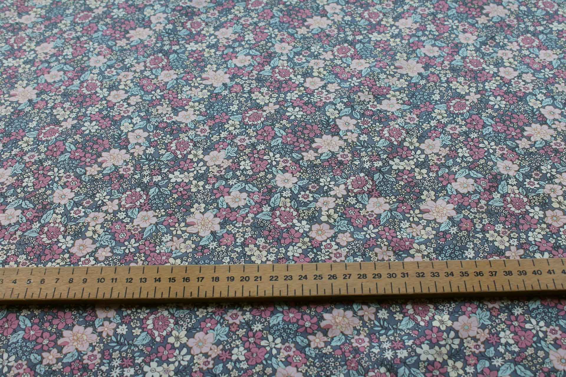 Printed Cotton Lawn - Pink and Blue on Grey fabric, image 2 of 5