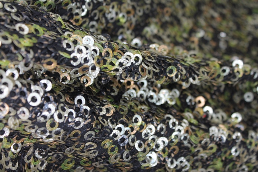 Green, Gold and Bronze Donut Sequin On Black Silk Chiffon fabric, image 6 of 8