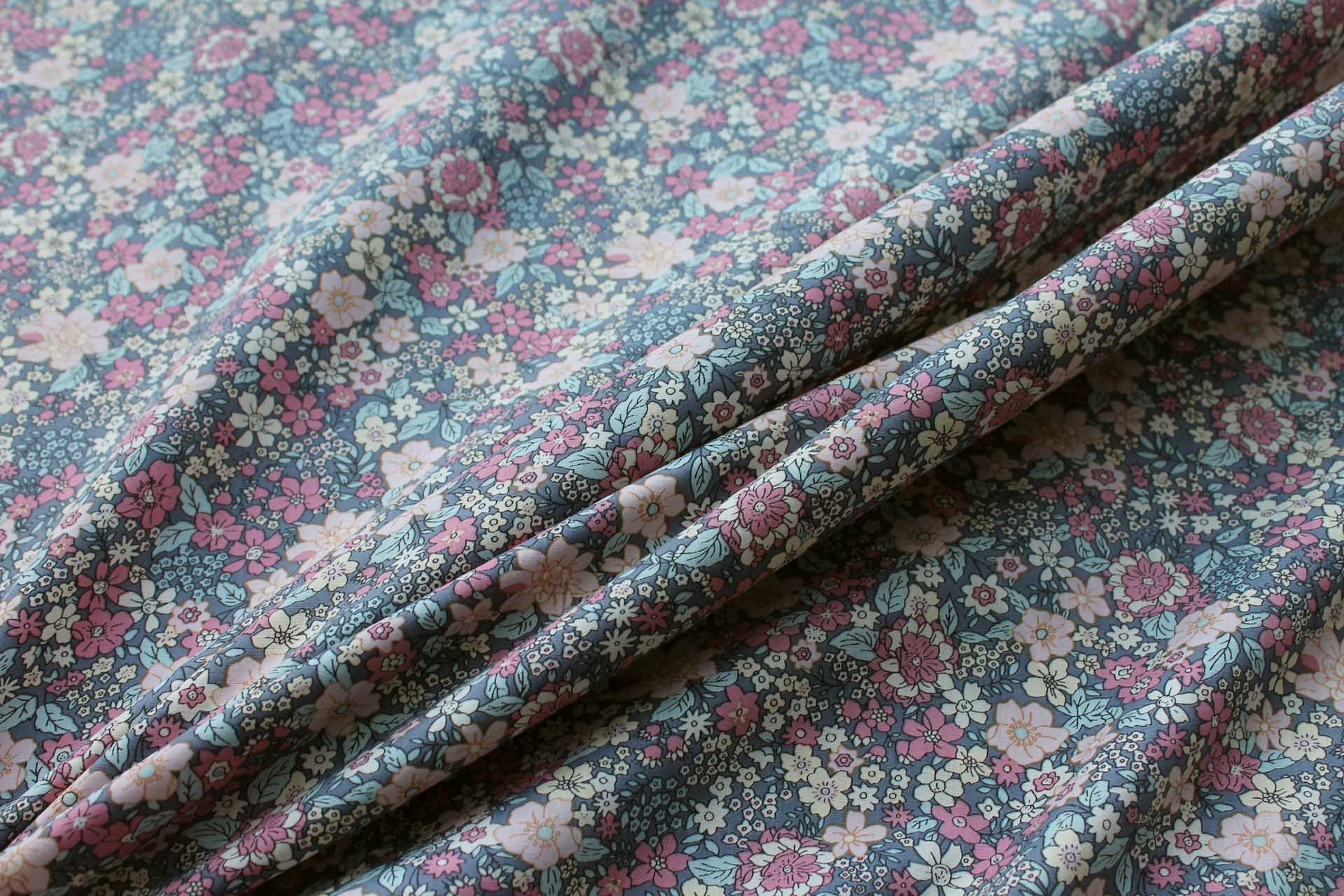 Printed Cotton Lawn - Pink and Blue on Grey fabric, image 3 of 5