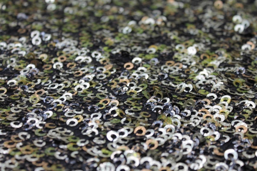 Green, Gold and Bronze Donut Sequin On Black Silk Chiffon fabric, image 5 of 8