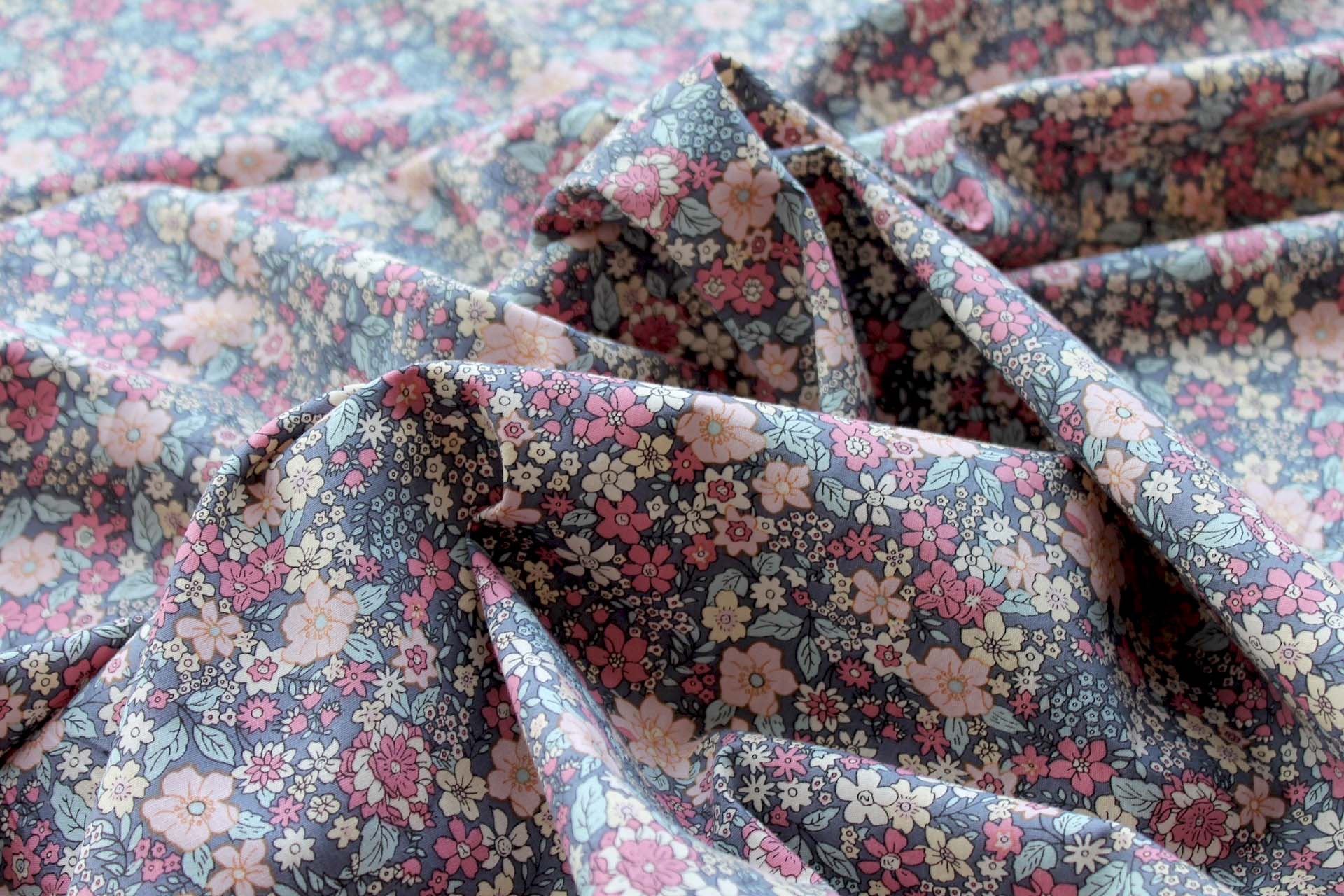 Printed Cotton Lawn - Pink and Blue on Grey fabric, image 4 of 5