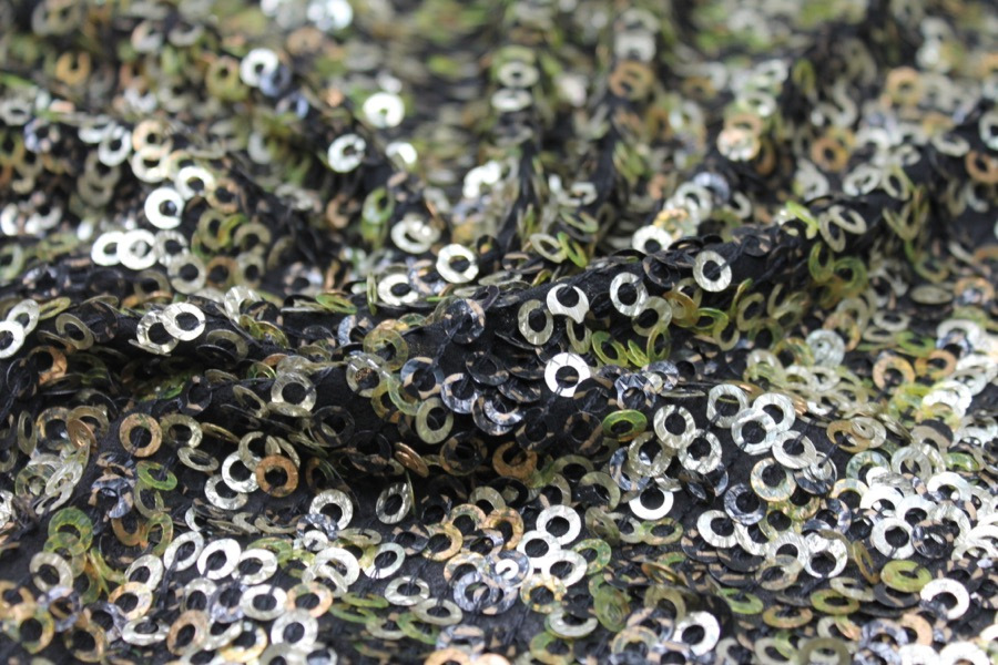 Green, Gold and Bronze Donut Sequin On Black Silk Chiffon fabric, image 7 of 8