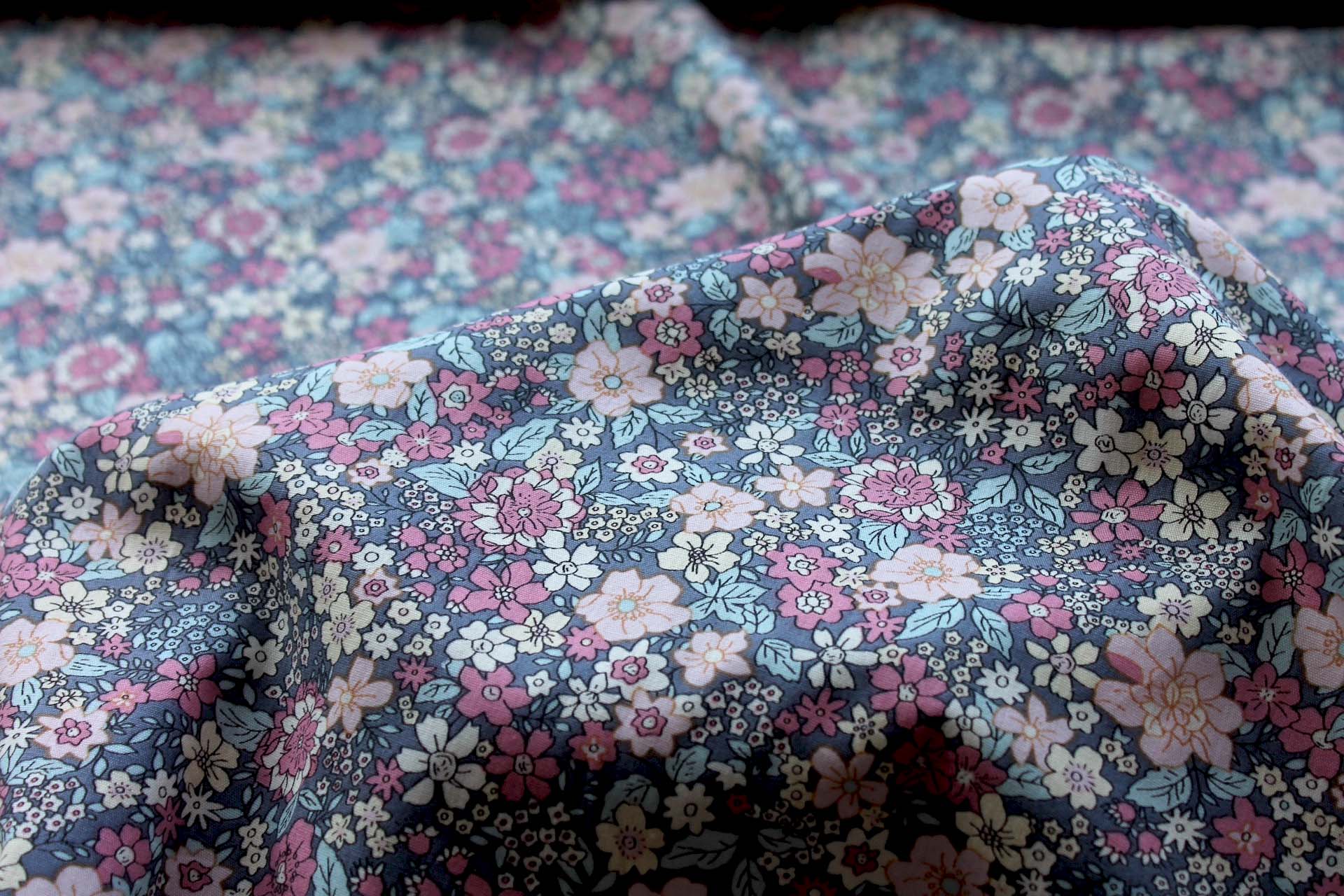 Printed Cotton Lawn - Pink and Blue on Grey fabric, image 5 of 5