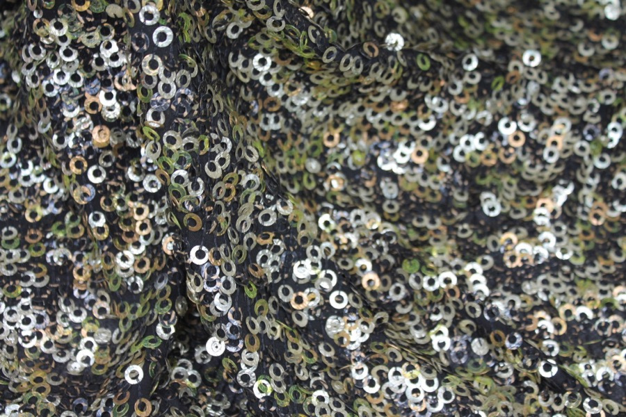 Green, Gold and Bronze Donut Sequin On Black Silk Chiffon fabric, image 8 of 8