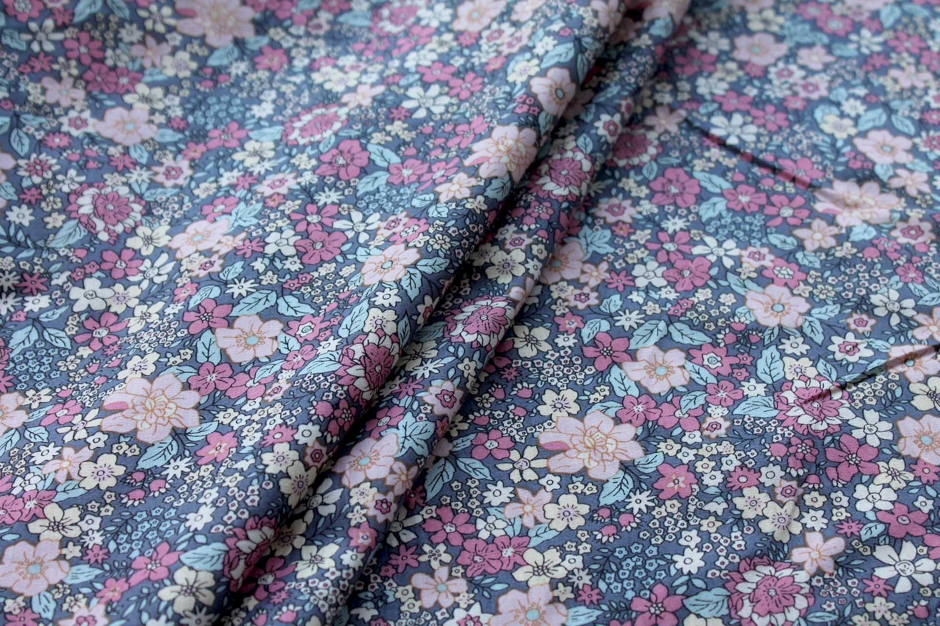 Printed Cotton Lawn - Pink and Blue on Grey fabric