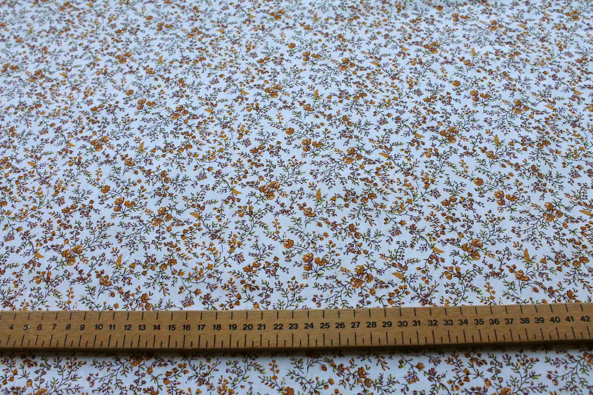 Printed Cotton Lawn - Orange, Tan and Green on Off White fabric, image 2 of 5