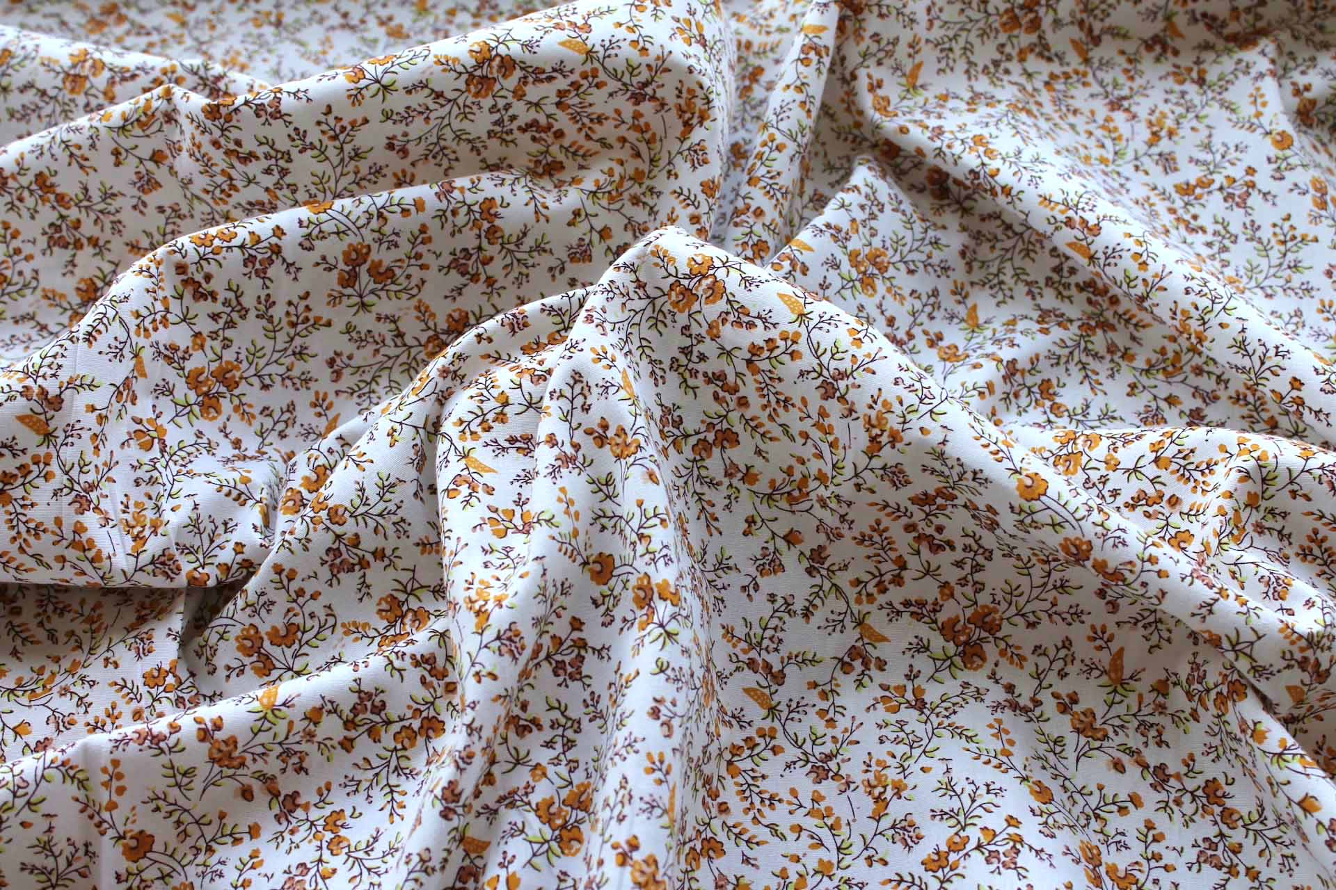 Printed Cotton Lawn - Orange, Tan and Green on Off White fabric, image 4 of 5