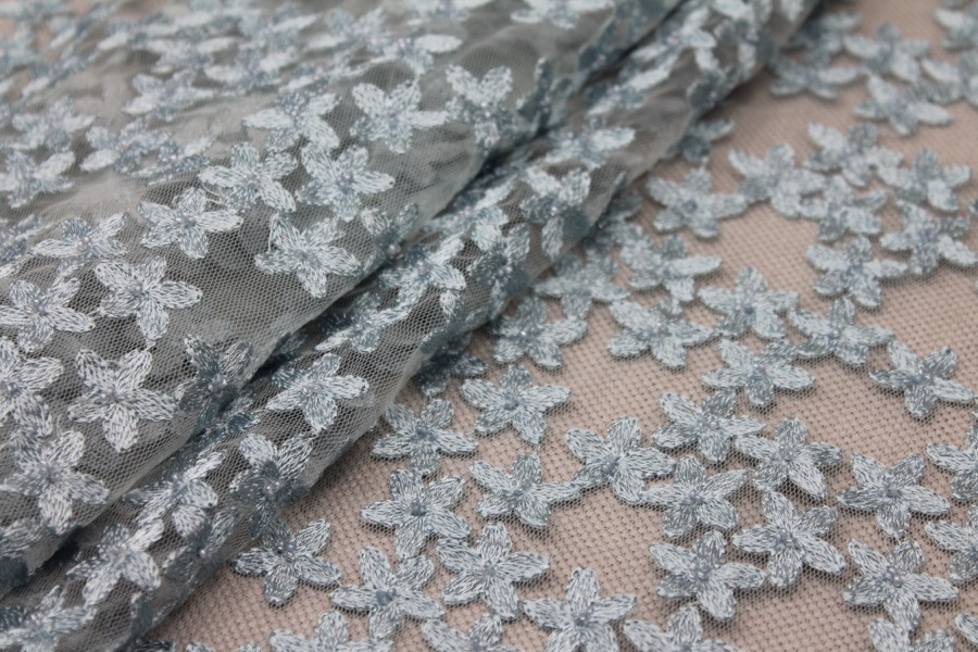 Beaded and Embroidered Flowers on Tulle - New Pale Blue - 0.75m Piece fabric, image 3 of 8