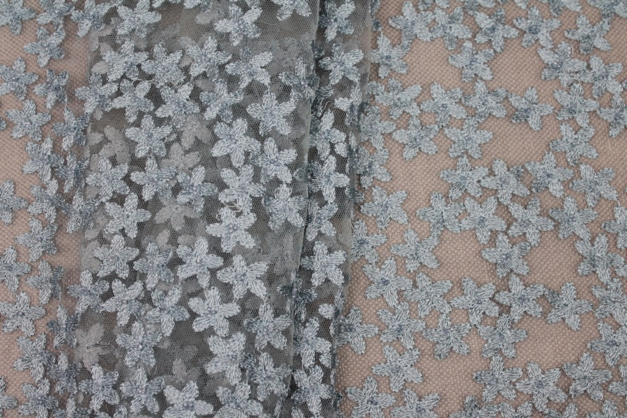 Beaded and Embroidered Flowers on Tulle - New Pale Blue - 0.75m Piece fabric, image 5 of 8