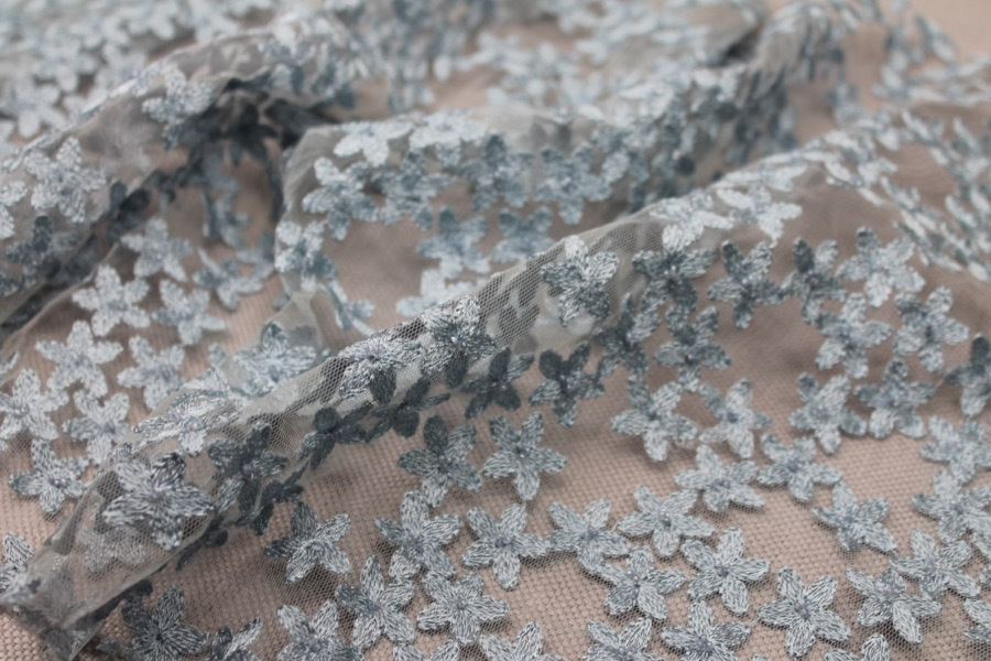 Beaded and Embroidered Flowers on Tulle - New Pale Blue - 0.75m Piece fabric, image 4 of 8