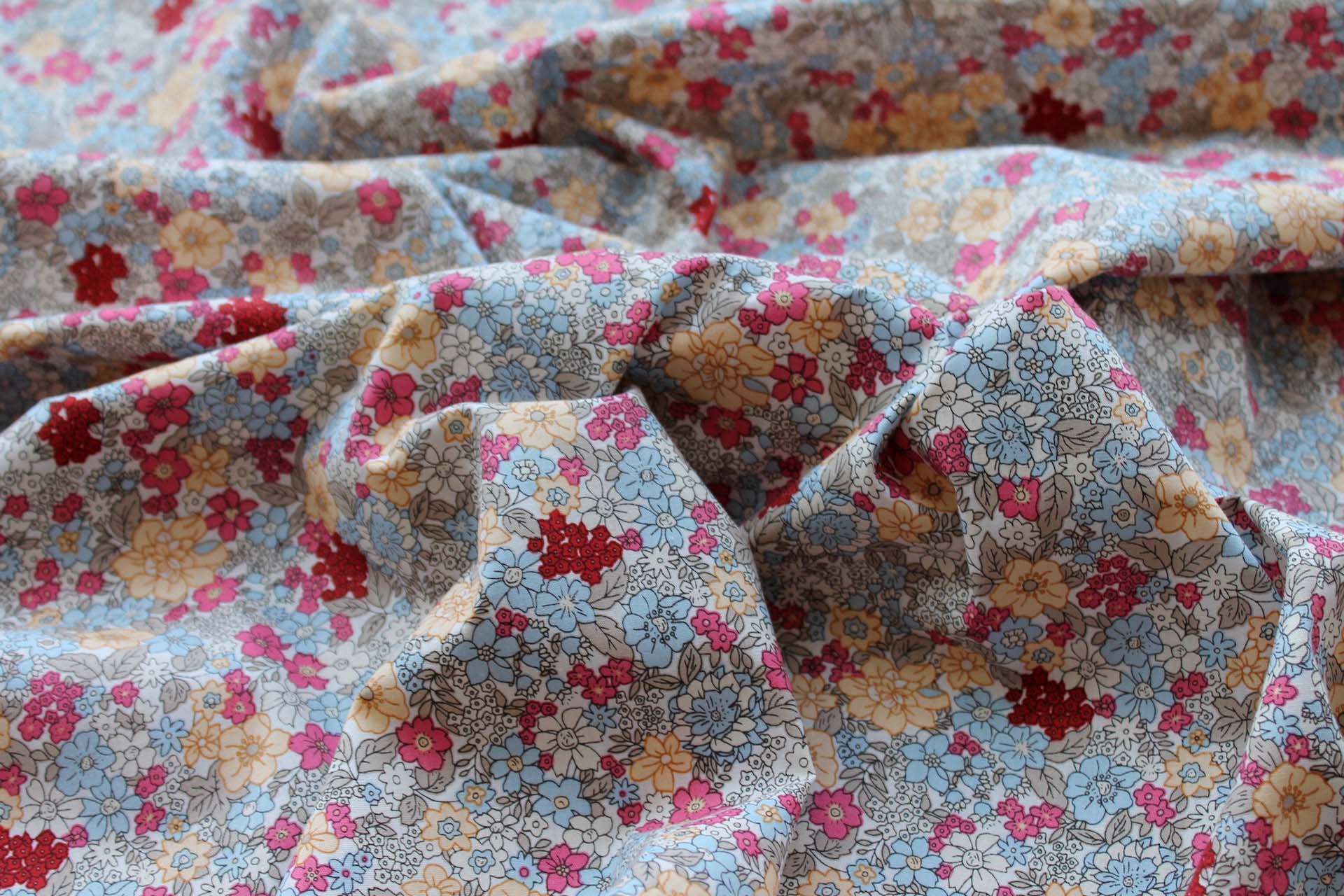 Printed Cotton Lawn - Yellow, Pink and Pale Blue on Off White fabric, image 4 of 5