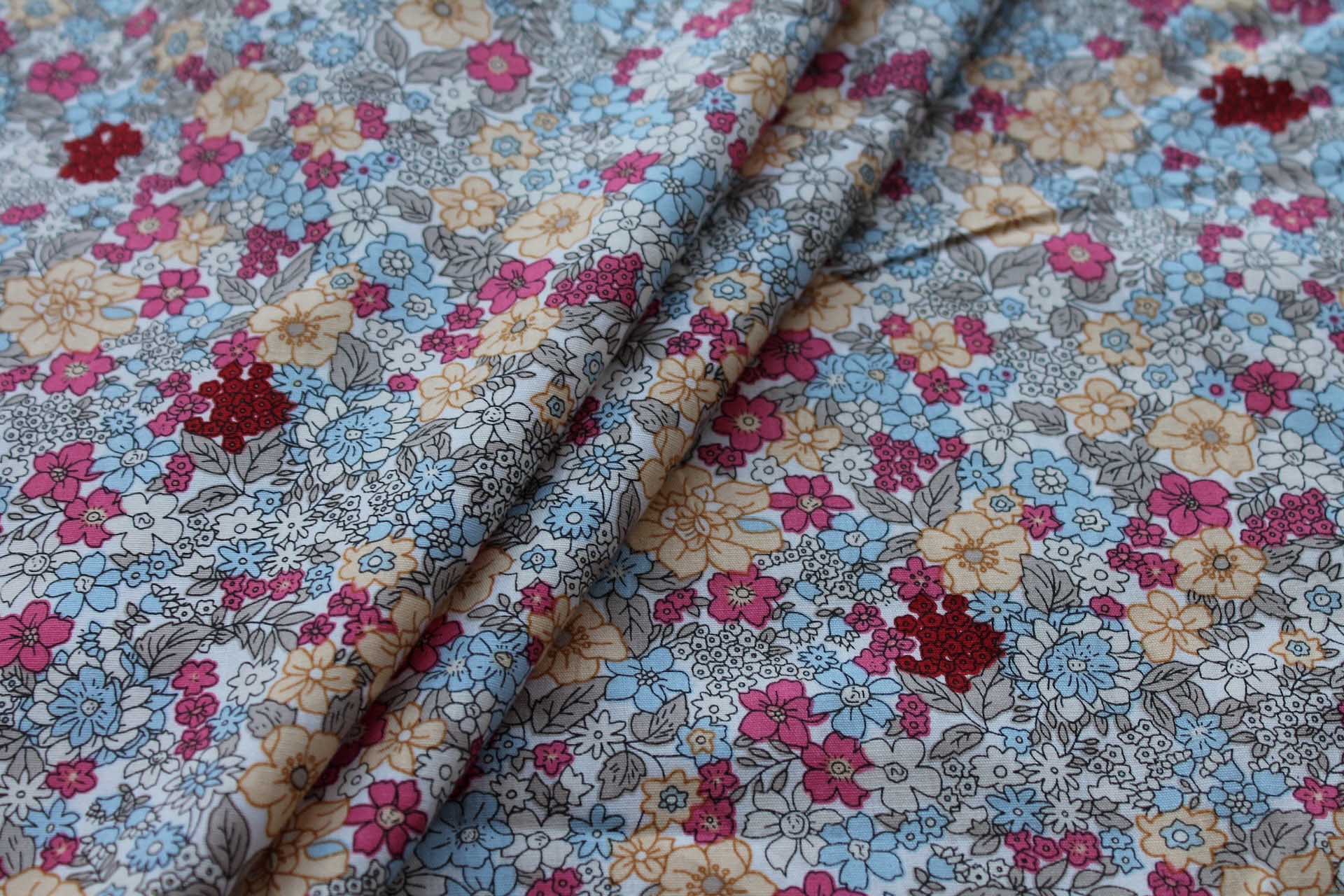 Printed Cotton Lawn - Yellow, Pink and Pale Blue on Off White fabric