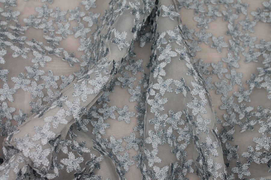 Beaded and Embroidered Flowers on Tulle - New Pale Blue - 0.15m Piece fabric, image 6 of 7