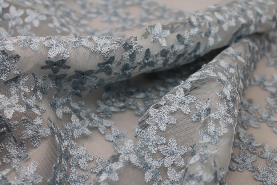 Beaded and Embroidered Flowers on Tulle - New Pale Blue - 0.75m Piece fabric, image 2 of 8