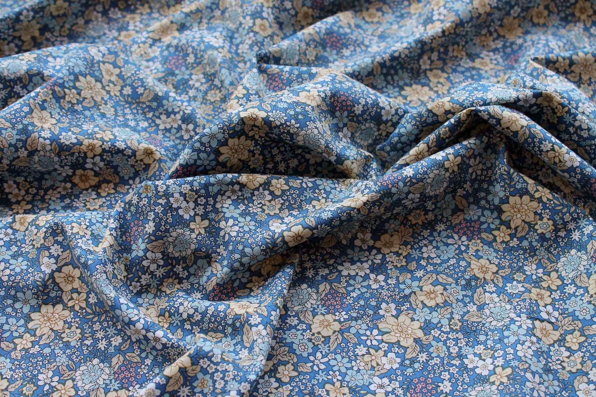 Printed Cotton Lawn - Yellow, White and Pale Blue on Mid Blue fabric, image 4 of 5