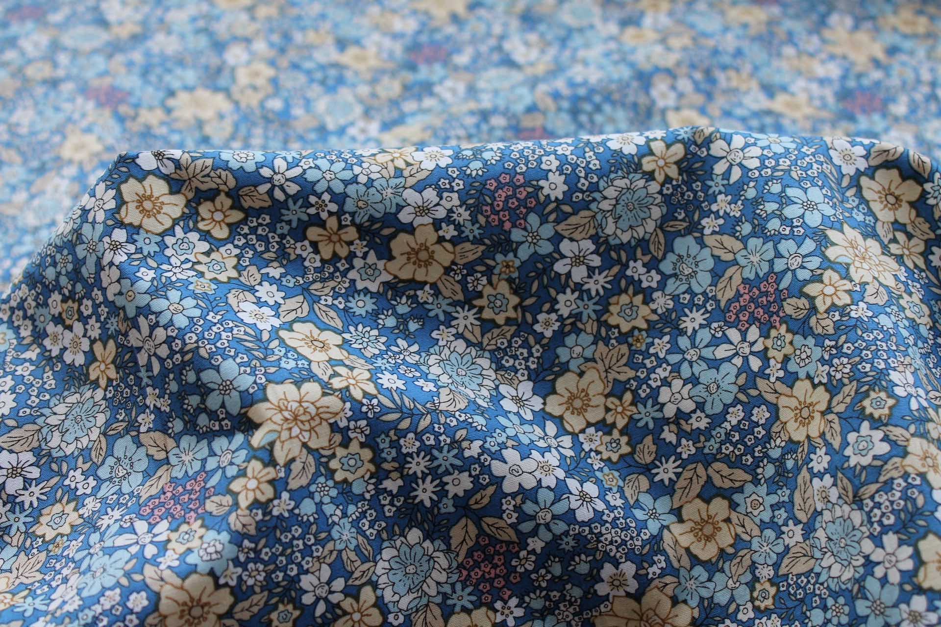 Printed Cotton Lawn - Yellow, White and Pale Blue on Mid Blue fabric, image 5 of 5