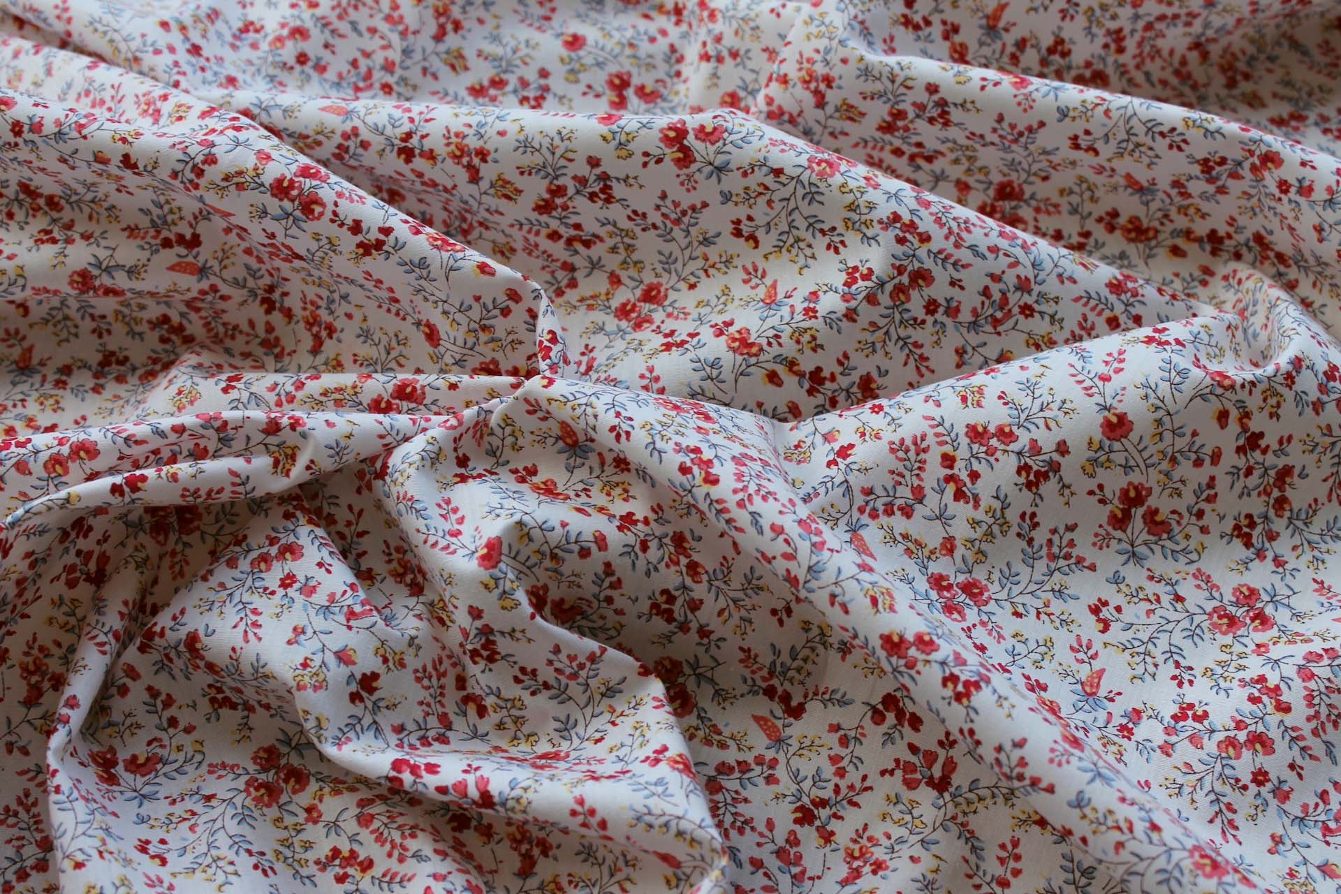 Printed Cotton Lawn - Red, Pink and Pale Blue on Off White fabric, image 4 of 5