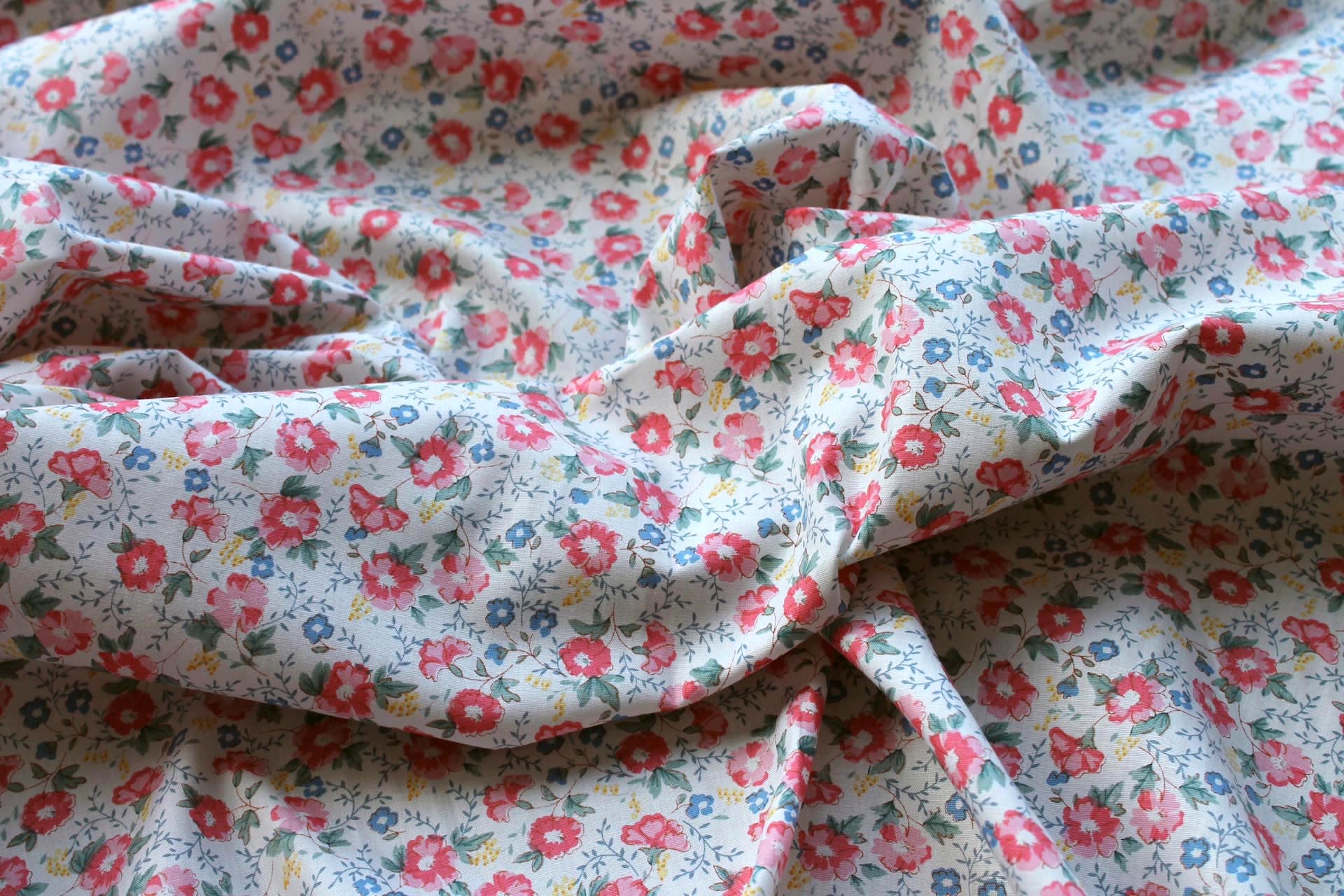 Printed Cotton Lawn - Yellow, Coral and Blue on Off White fabric, image 4 of 5