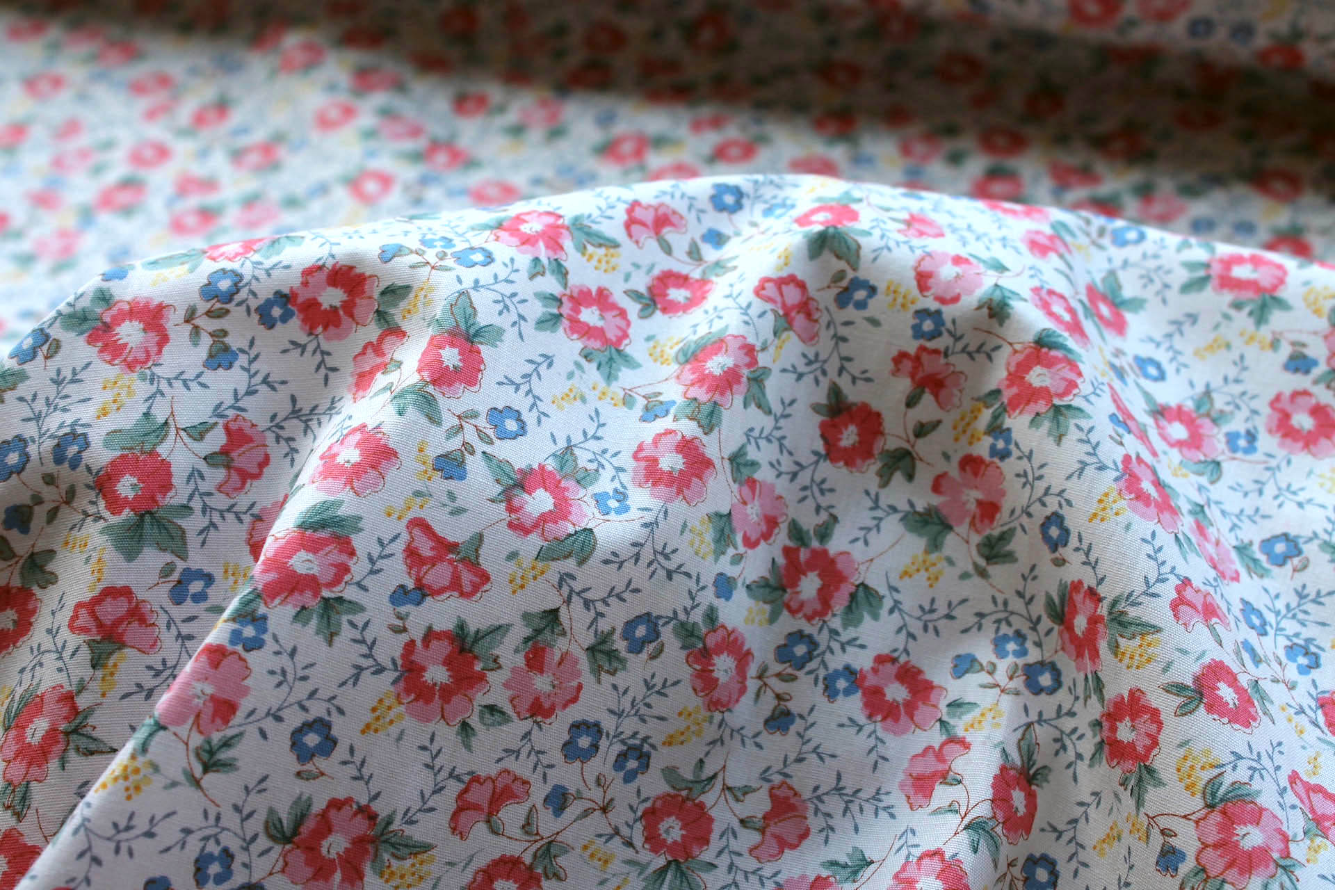 Printed Cotton Lawn - Yellow, Coral and Blue on Off White fabric, image 5 of 5