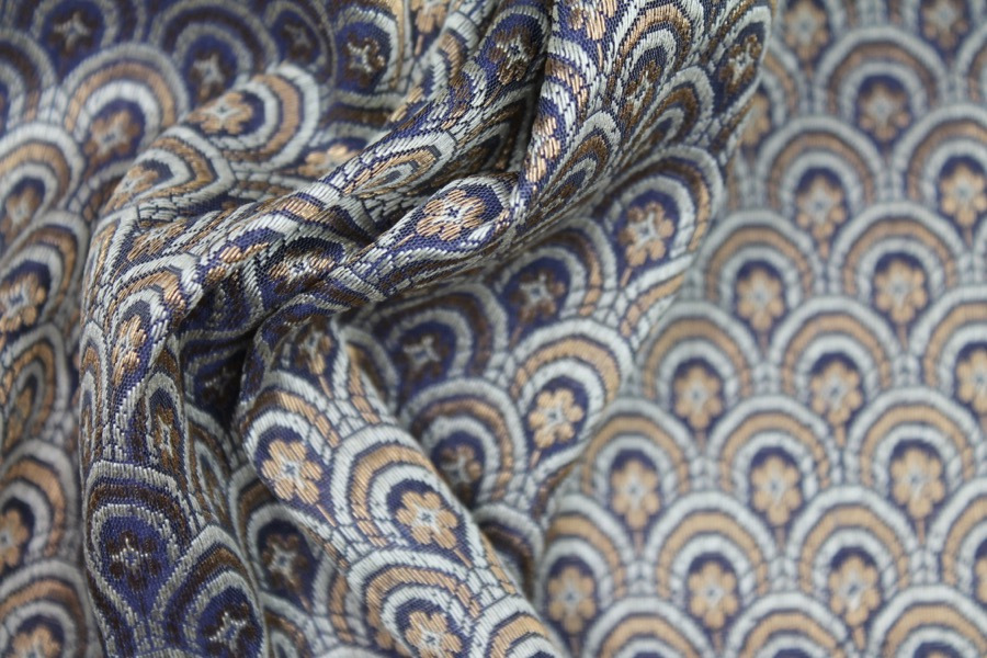 Banaras Brocade - Navy Blue, Ivory and Gold Scale Pattern fabric, image 5 of 7