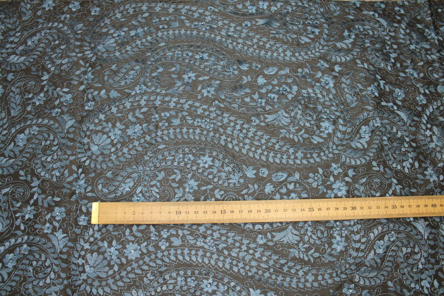 Embroidered Dupion - Blue on Dark Grey fabric, image 4 of 8
