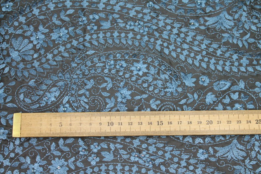 Embroidered Dupion - Blue on Dark Grey fabric, image 6 of 8