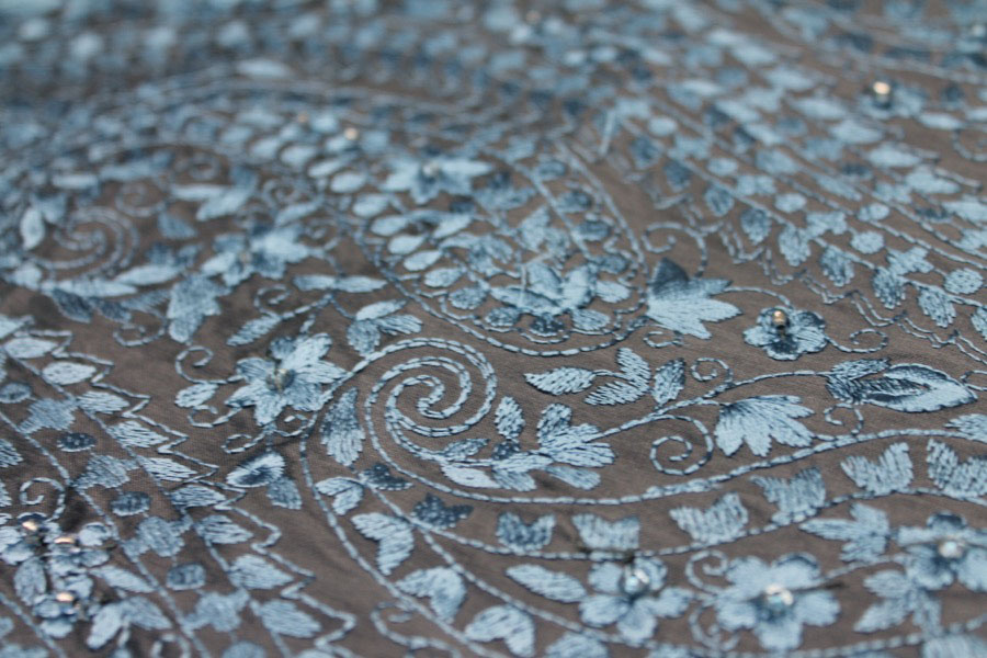 Embroidered Dupion - Blue on Dark Grey fabric, image 2 of 8