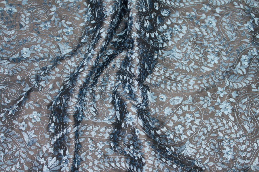 Embroidered Dupion - Blue on Dark Grey fabric, image 5 of 8