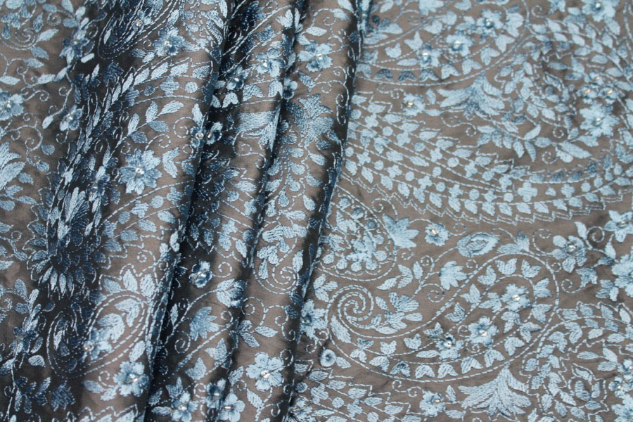 Embroidered Dupion - Blue on Dark Grey fabric, image 3 of 8