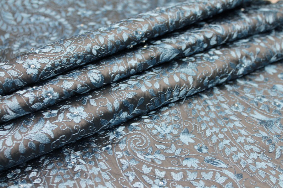 Embroidered Dupion - Blue on Dark Grey fabric