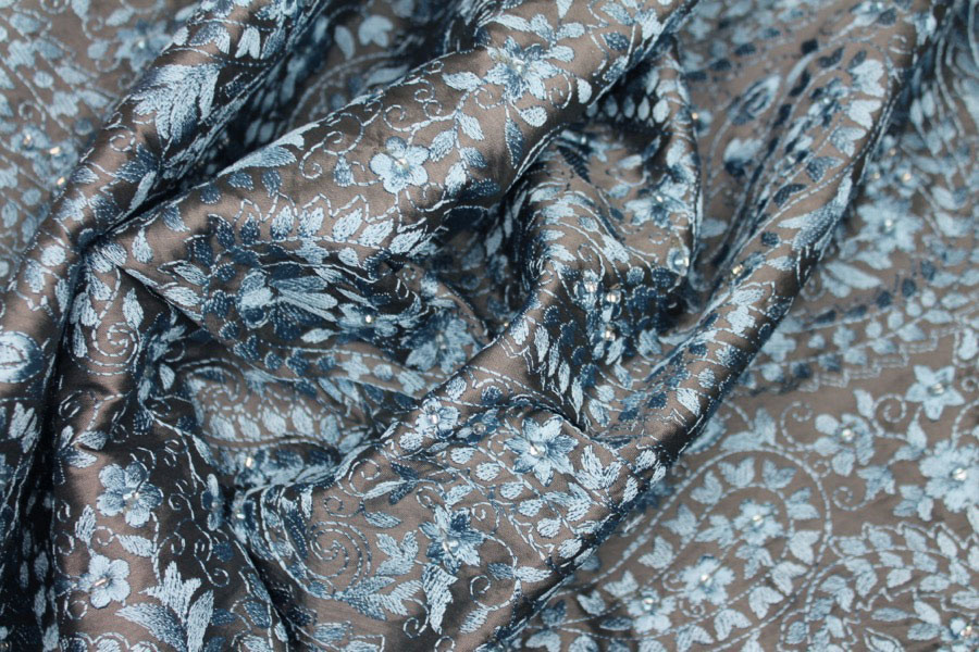 Embroidered Dupion - Blue on Dark Grey fabric, image 7 of 8
